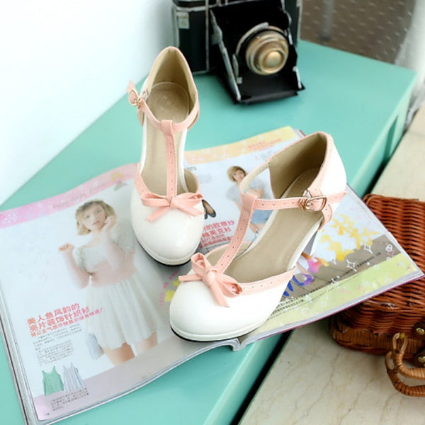 High T-Strap Patent Heels Women's Black White Leather with FashionChic