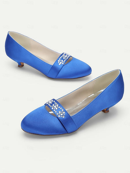 Blue Satin Heels Kitten Rhinestone with Women's FashionChic