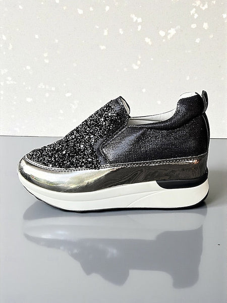 with Women's Black Glitter Metallic Slip-On Sneakers FashionChic
