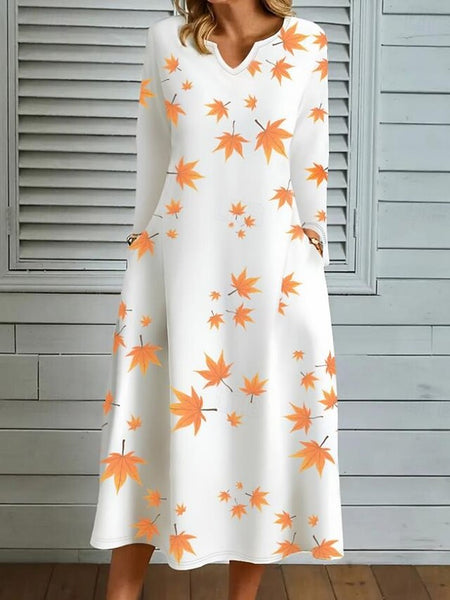 Women's Leaf Print V Neck Maxi Dress Long Sleeve Spring