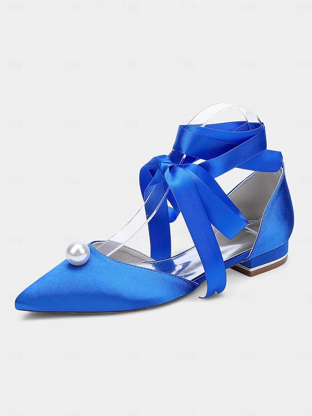 Women's Pearl Navy Toe - Satin Pointed Flats Embellished FashionChic