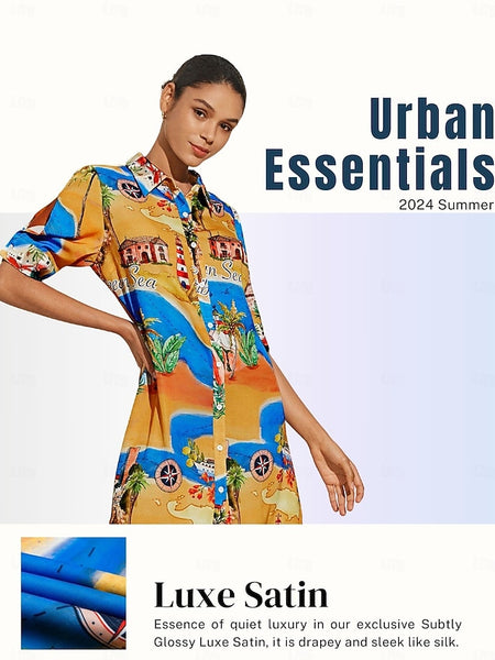 Satin Coastal Map Graphic Print Mini Dress