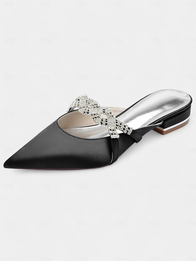 Satin - Pointed-Toe Rhinestone Detailing Blue with Heels Mule FashionChic