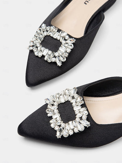 Women's Rhinestone Mules with Pointed-Toe Black Satin FashionChic