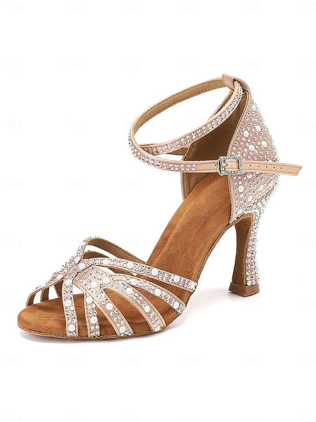 High Latin Rhinestone-Embellished Tan Sandals with Heel Dance FashionChic