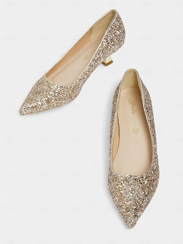 Pumps Glitter Low Toe Pointed Heel Women's Sparkly - FashionChic