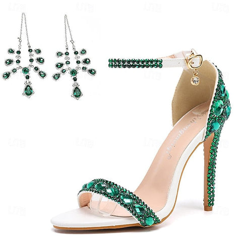 Ankle Stiletto Matching with Women's Heels Green Rhinestone FashionChic