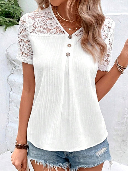 Women's White Elegant Lace Tops Eyelet Blouse Casual Solid FashionChic