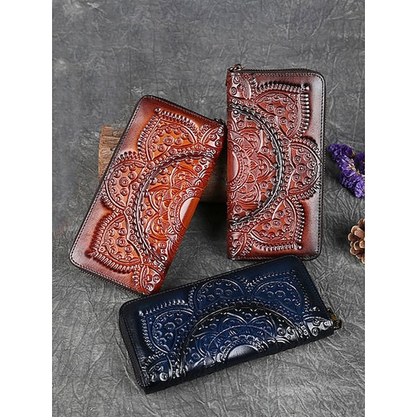 Handmade with elegant mandala leather wallet continental pattern FashionChic