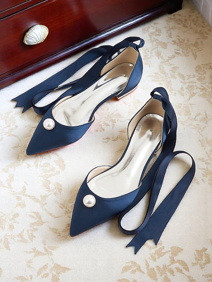 Women's Pearl Navy Toe - Satin Pointed Flats Embellished FashionChic