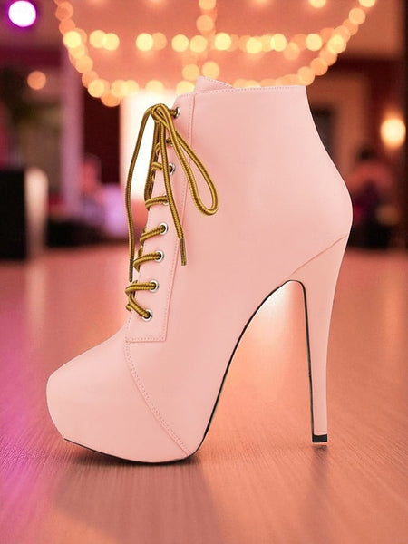 Beige Platform Ankle Lace-Up - Faux Women's Boots Leather FashionChic