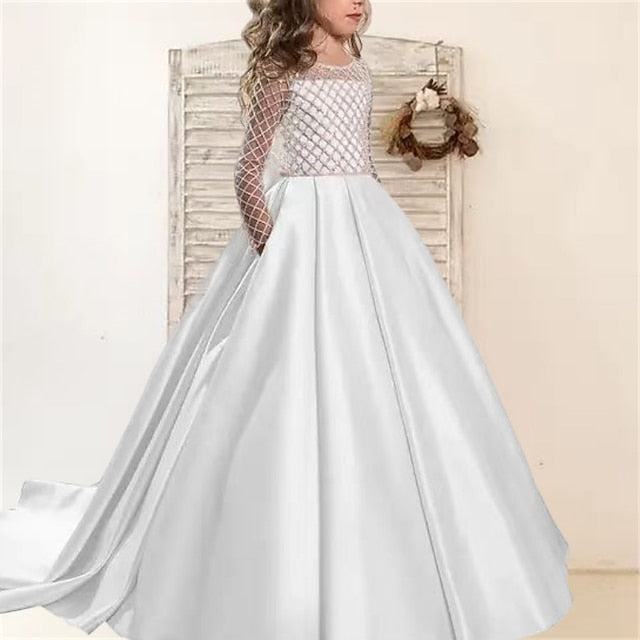 Solid Flower Long Party Girl Color Girls' Kids Dress FashionChic