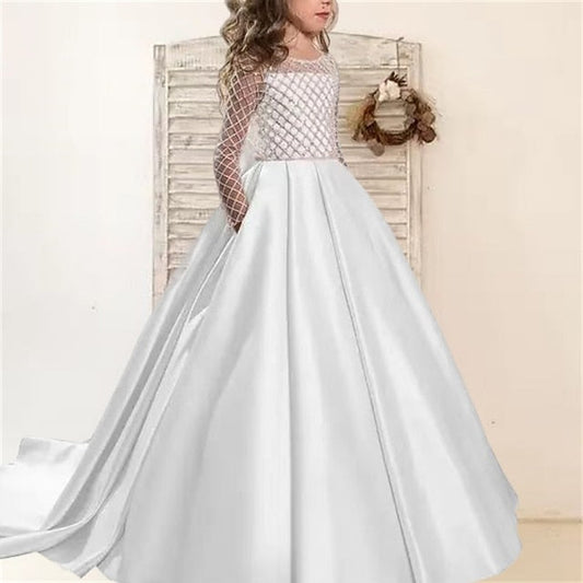 Solid Flower Long Party Girl Color Girls' Kids Dress FashionChic