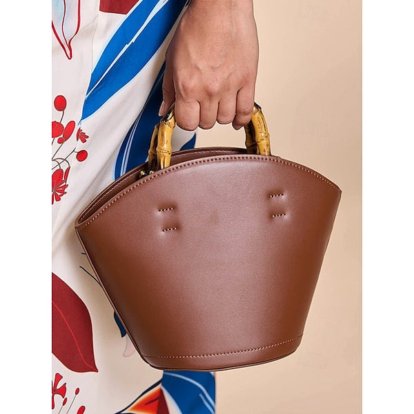 Brown Bamboo Leather Bucket Bag Handle with Women's FashionChic