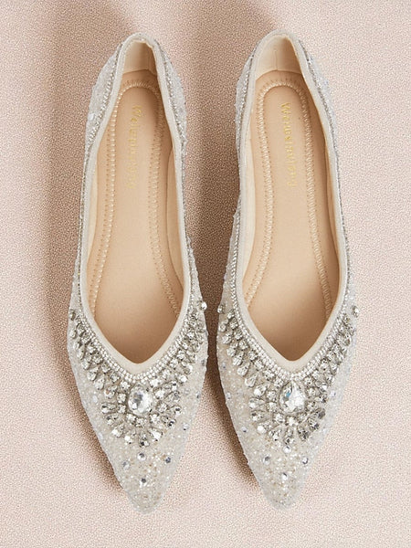 with Pointed Crystal Flats Glitter Women's Toe Silver FashionChic