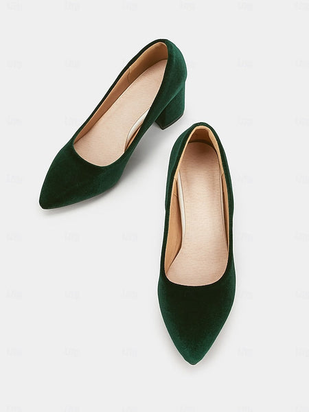 Elegant Block Pointed Pumps Green - Women's Heel Toe Velvet FashionChic