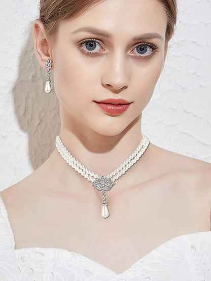 Elegant – Set Pearl Double-Layer Necklace Jewelry Bridal FashionChic