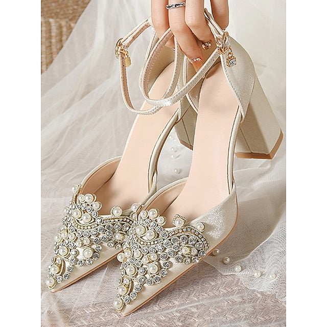 Women's Block Rhinestone and Embellished Wedding Pearl Heel FashionChic