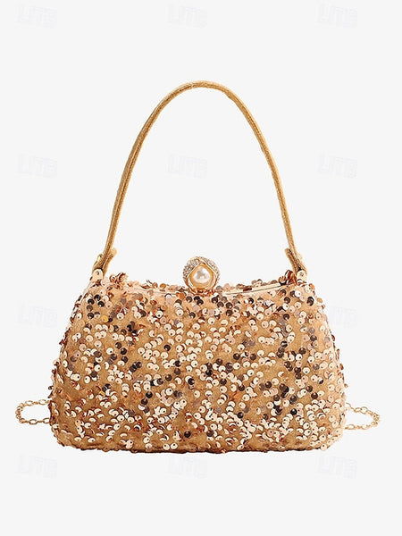 – Women's Evening Pearl Accent Sequin Black Clutch with FashionChic