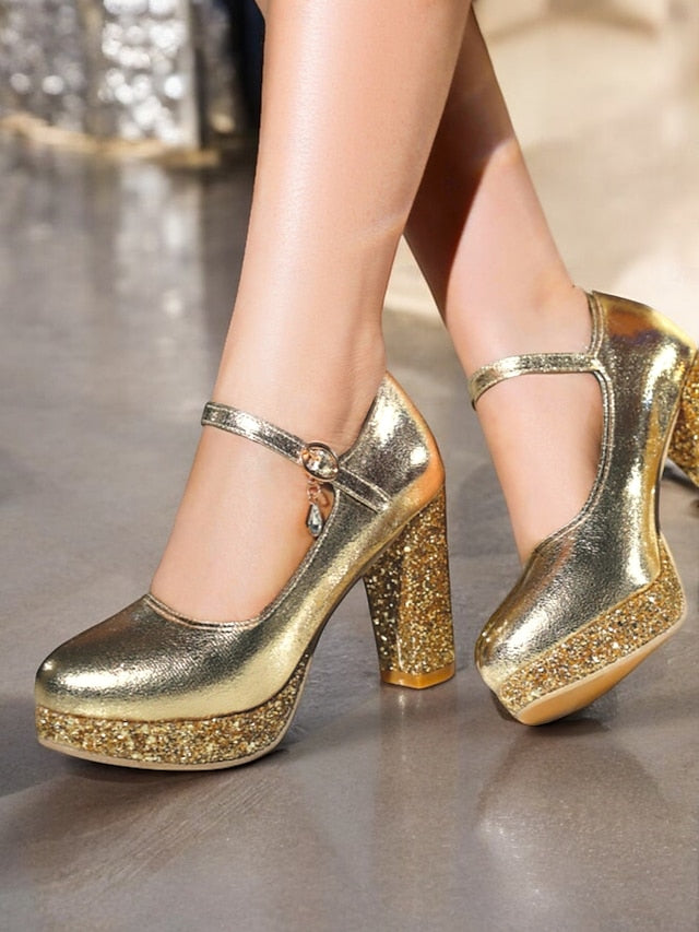 Heel Gold Sparkly Glitter Mary Block Pumps – Jane Women's FashionChic