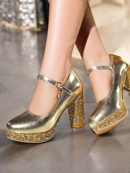 Heel Gold Sparkly Glitter Mary Block Pumps – Jane Women's FashionChic