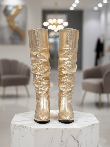 Knee High Metallic - Women's Slouch Gold Party Shiny Boots FashionChic