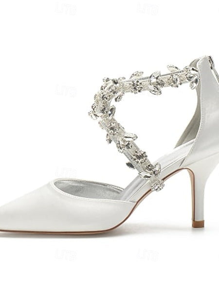 Heels Elegant Women's Satin White Crystal – Strap Pointed FashionChic