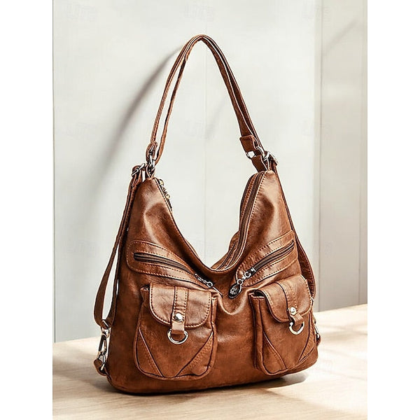 Brown Leather Women's Bag Multiple Faux Pockets with Hobo FashionChic