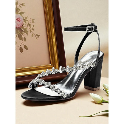 White Women's with Straps Sandals Rhinestone - Block Heel FashionChic