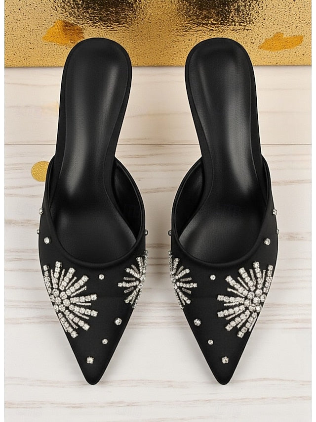 with Rhinestone Toe Pointed Mules Satin Black Women's FashionChic
