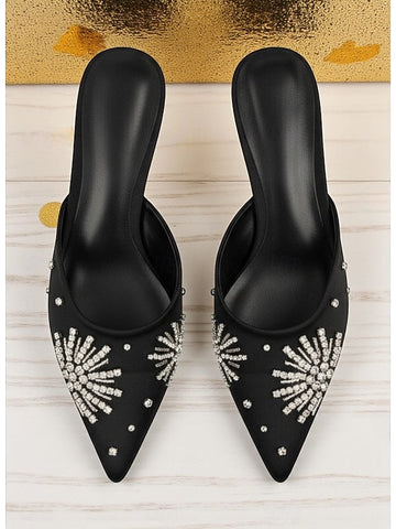 with Rhinestone Toe Pointed Mules Satin Black Women's FashionChic