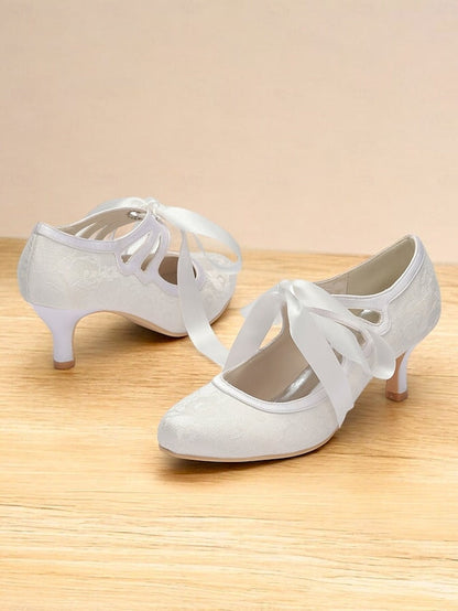 with Lace Vintage Ties Satin Ribbon Bridal White Elegant - Pumps FashionChic