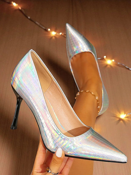 Pointed with Glossy Toe Heels Women's Holographic Stiletto FashionChic