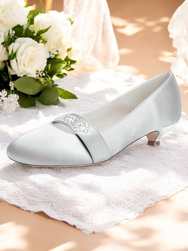 Blue Satin Heels Kitten Rhinestone with Women's FashionChic