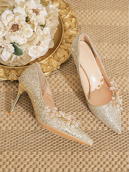 with Women's Glitter Floral Heels Silver Stiletto FashionChic