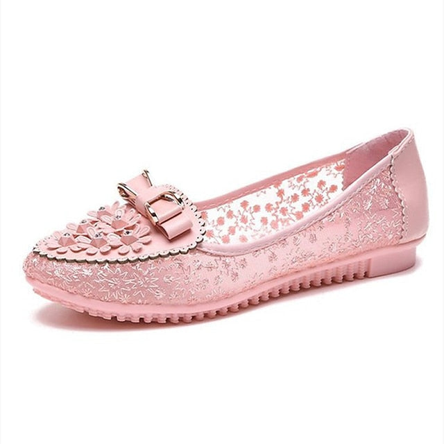 Details - Lace Flats Women's Pink and Floral with Bow FashionChic