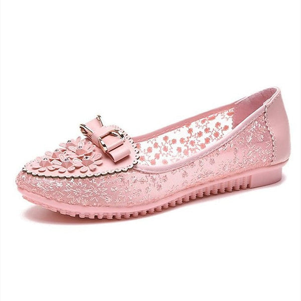 Details - Lace Flats Women's Pink and Floral with Bow FashionChic
