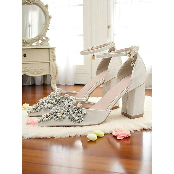 Pearl and Women's Heel Wedding Rhinestone Block Embellished FashionChic