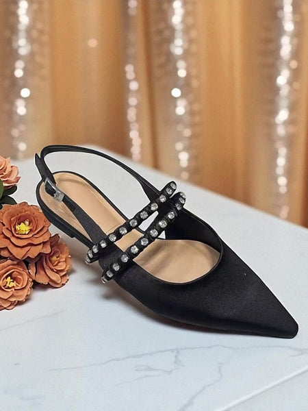 Toe Flats Satin - Women's Rhinestone Slingback Pointed FashionChic