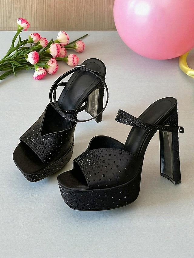 Heel Peep Women's Rhinestone Sandals with Toe Platform High FashionChic