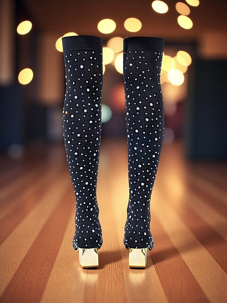 Over-the-Knee with Women's Black Pointed Boots Rhinestone FashionChic