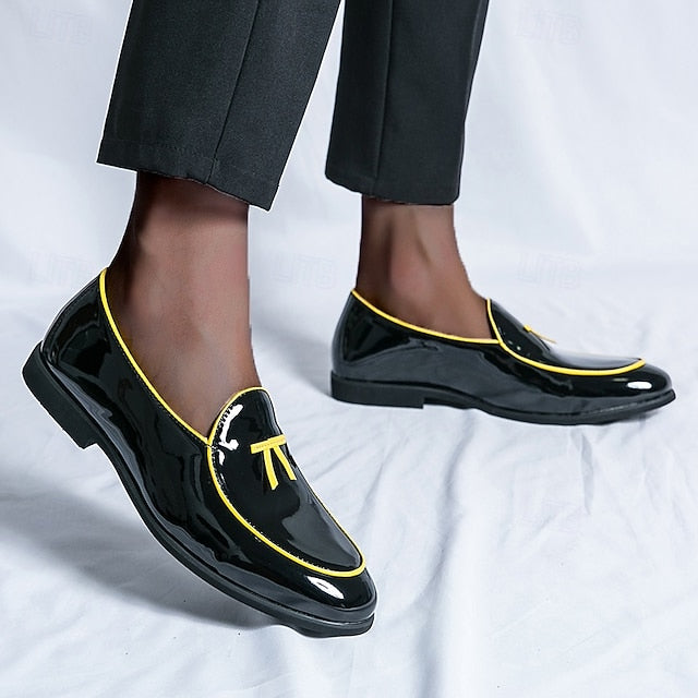 with Leather Patent Yellow Black Faux Men's Loafers Trim FashionChic
