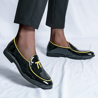 with Leather Patent Yellow Black Faux Men's Loafers Trim FashionChic