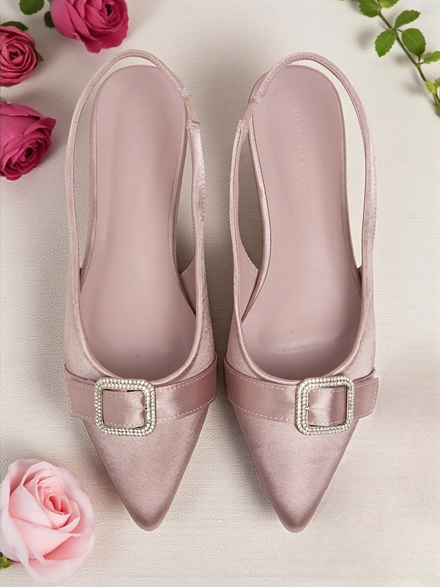 Women's Buckle Rhinestone Pink Slingback with Satin Flats FashionChic