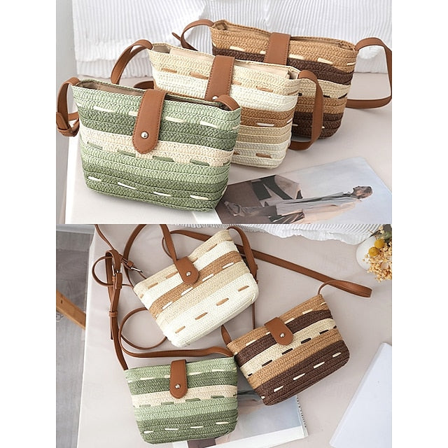 Woven with Women's Colorblock Straw Striped Brown Tote Bag FashionChic