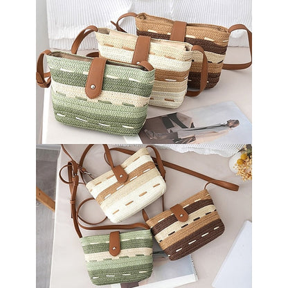 Woven with Women's Colorblock Straw Striped Brown Tote Bag FashionChic