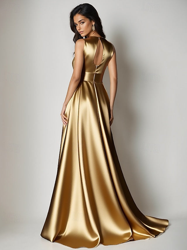 A-Line Formal Floor Evening Wedding Elegant Gold Gown Dress FashionChic
