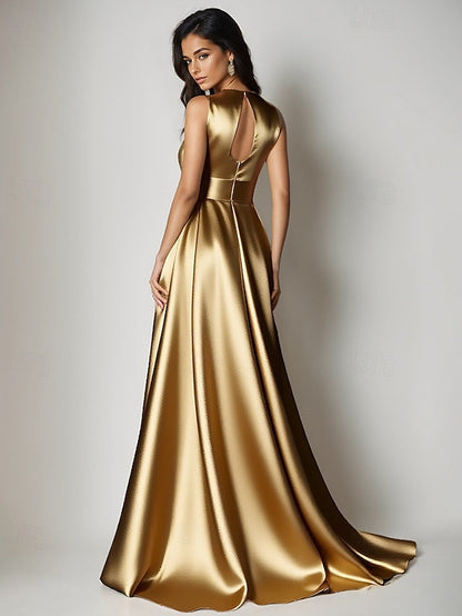 A-Line Formal Floor Evening Wedding Elegant Gold Gown Dress FashionChic