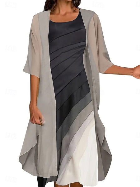 Women's Ombre Crew Neck Long Dress Maxi Dress 3/4 Length