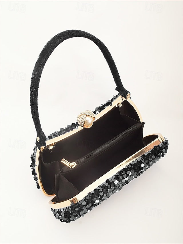 – Women's Evening Pearl Accent Sequin Black Clutch with FashionChic
